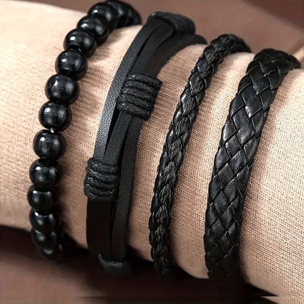 Bracelet Cuff Leather 4pc Black Wrist Rock Edgy Goth Grunge Punk Scene Unisex